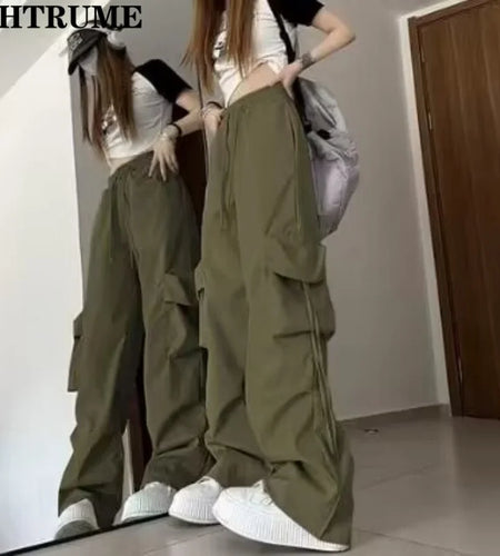 Retro Vintage High Street Baggy Pants Fashion Women Oversized Drawstring Pocket New Pant Casual Streetwear Loose Jogger Trousers