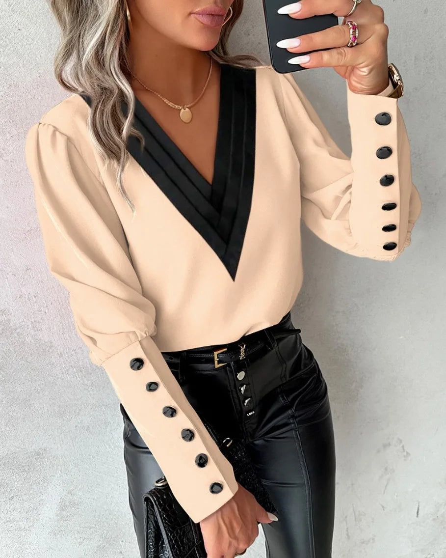 Elegant Women's V-neck Pullover Shirt Solid Color Contrasting Loose Long Sleeve Button
