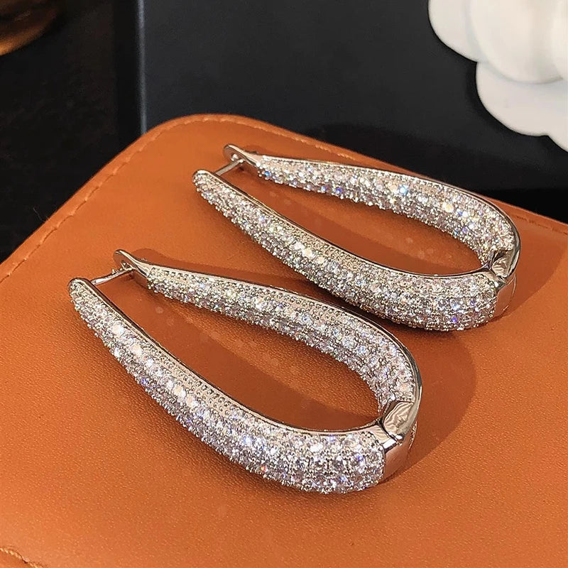 Gorgeous Silver Color Hoop Earrings Fashion Party Jewelry with Bright Zirconia Luxury