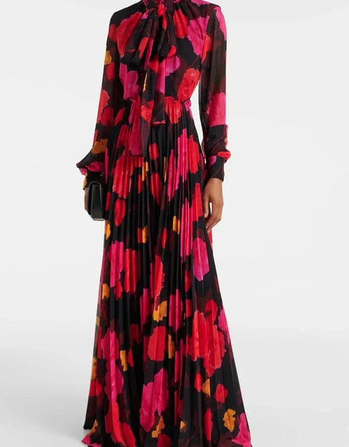 Load image into Gallery viewer, Women Elegant Flower Print Maxi Dress Fashion Lace-up Collar Long Lantern Sleeve
