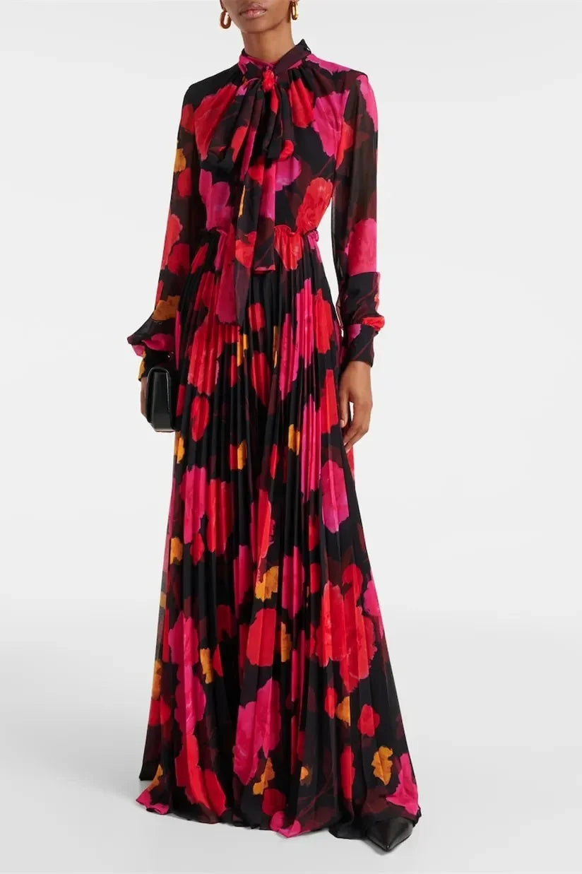 Women Elegant Flower Print Maxi Dress Fashion Lace-up Collar Long Lantern Sleeve