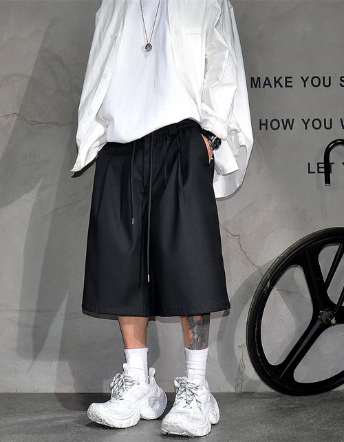 Load image into Gallery viewer, Baggy Casual Black Wide Leg Shorts for Men Elastic Waist Drawstring Loose Fitting
