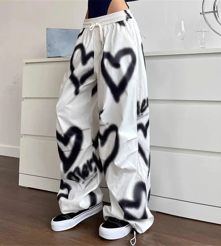 Love Graffiti Wide Leg Pants Women  Elastic High Waist Streetwear Loose Drawstring Jogging Trousers