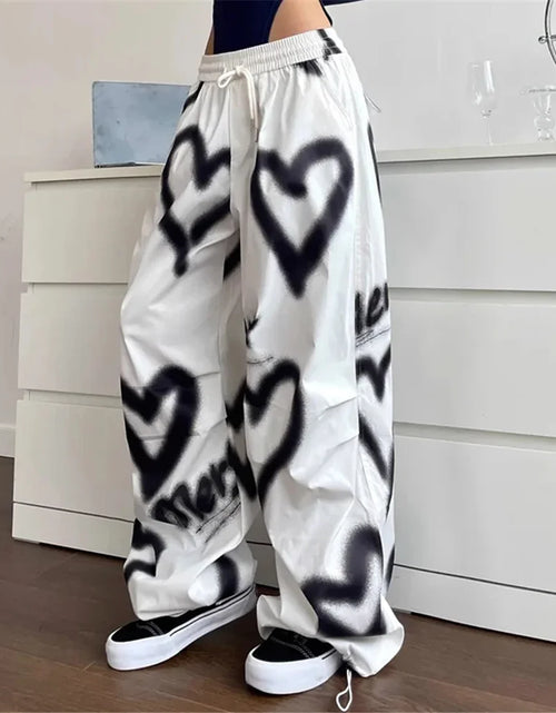 Load image into Gallery viewer, Love Graffiti Wide Leg Pants Women  Elastic High Waist Streetwear Loose Drawstring Jogging Trousers
