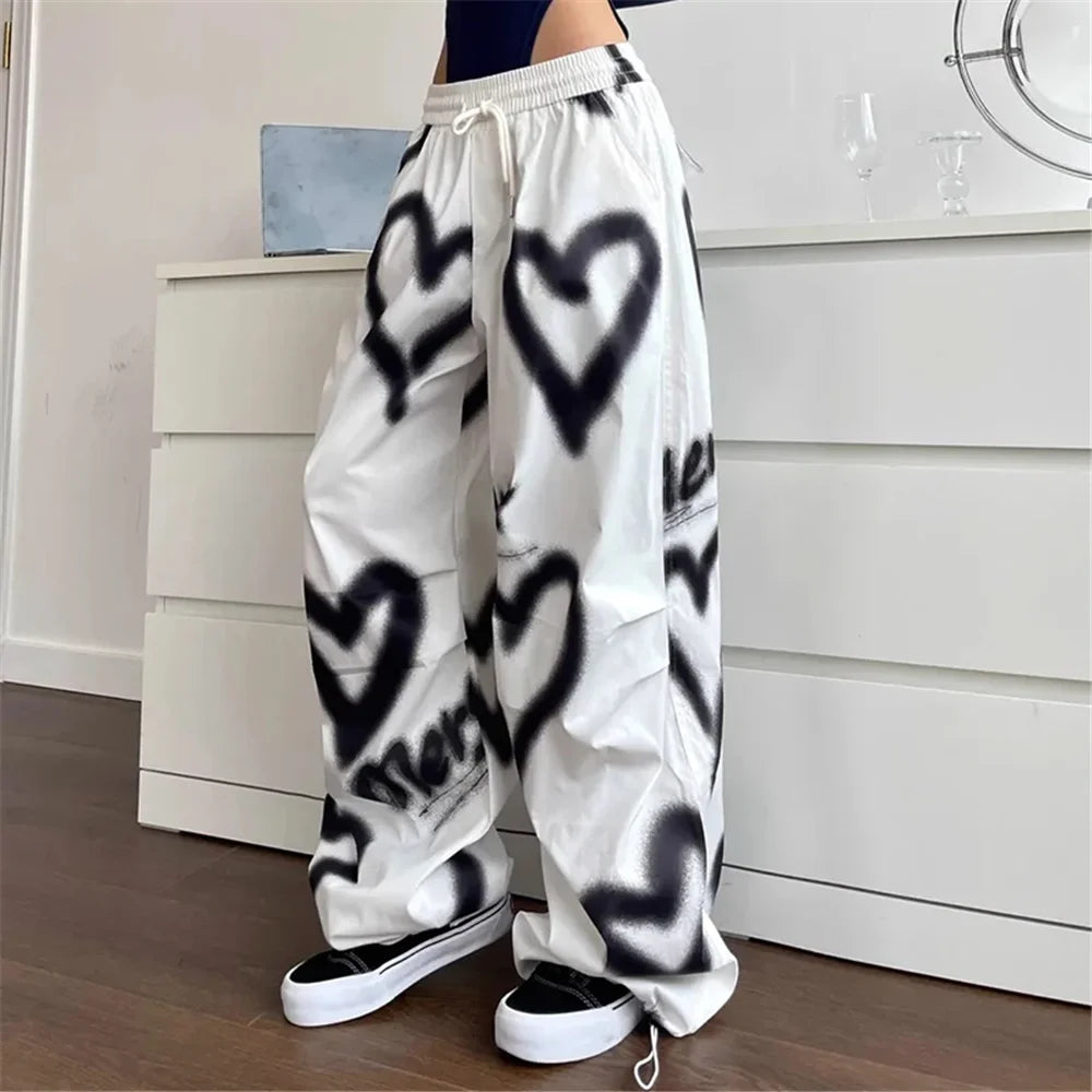 Love Graffiti Wide Leg Pants Women  Elastic High Waist Streetwear Loose Drawstring Jogging Trousers