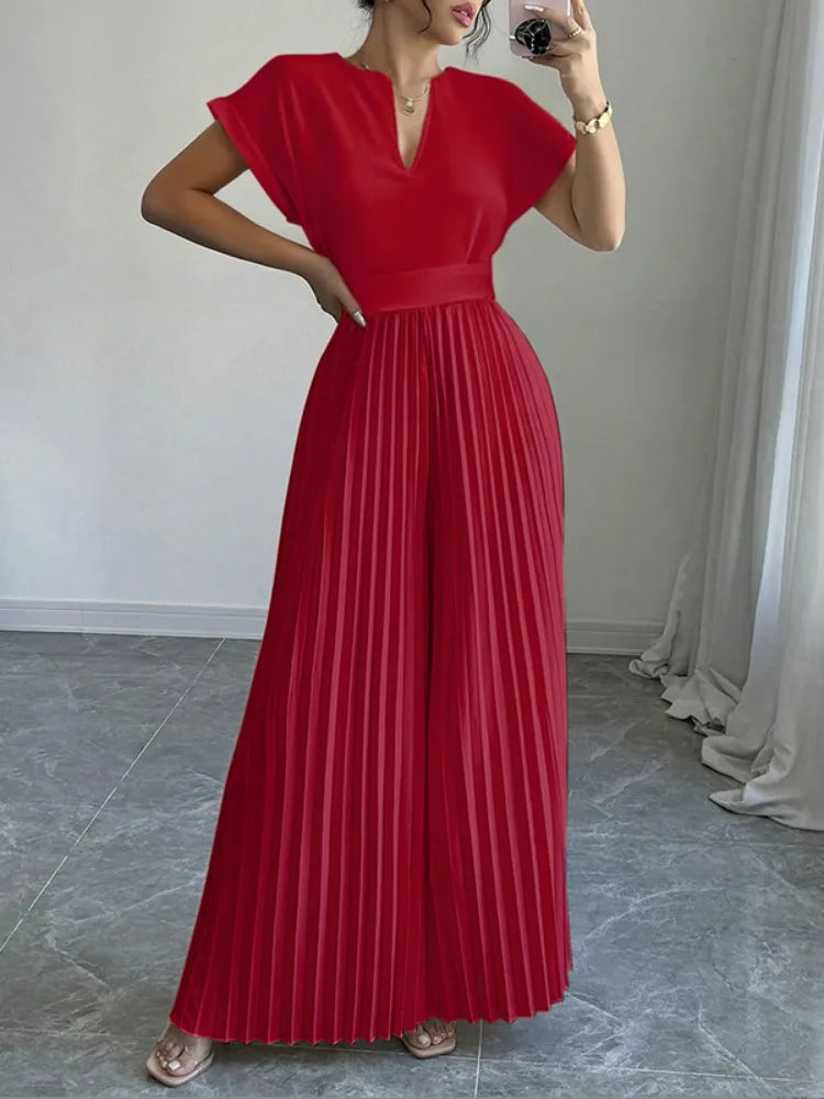 Jumpsuit Woman Pleated Jumpsuits New Casual V-Neck Loose Split-Joint Elegant One Pieces Pants Suit