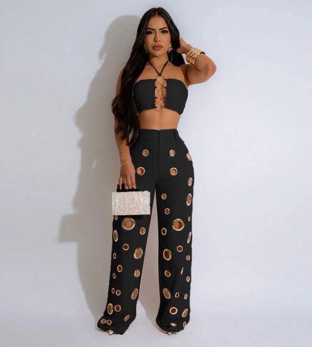 Sexy Solid Hole Wide Leg Pants Streetwear Women Halter Sleeveless Backless Crop Top And Pants Two Piece Sets Outfits