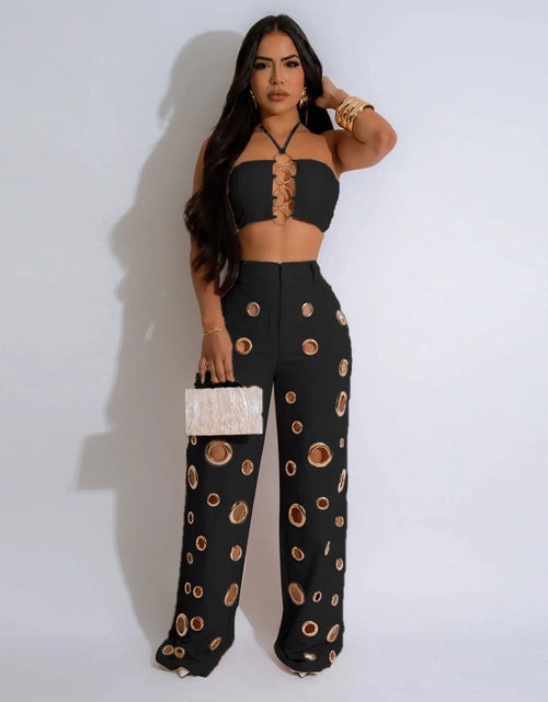 Load image into Gallery viewer, Sexy Solid Hole Wide Leg Pants Streetwear Women Halter Sleeveless Backless Crop Top And Pants Two Piece Sets Outfits
