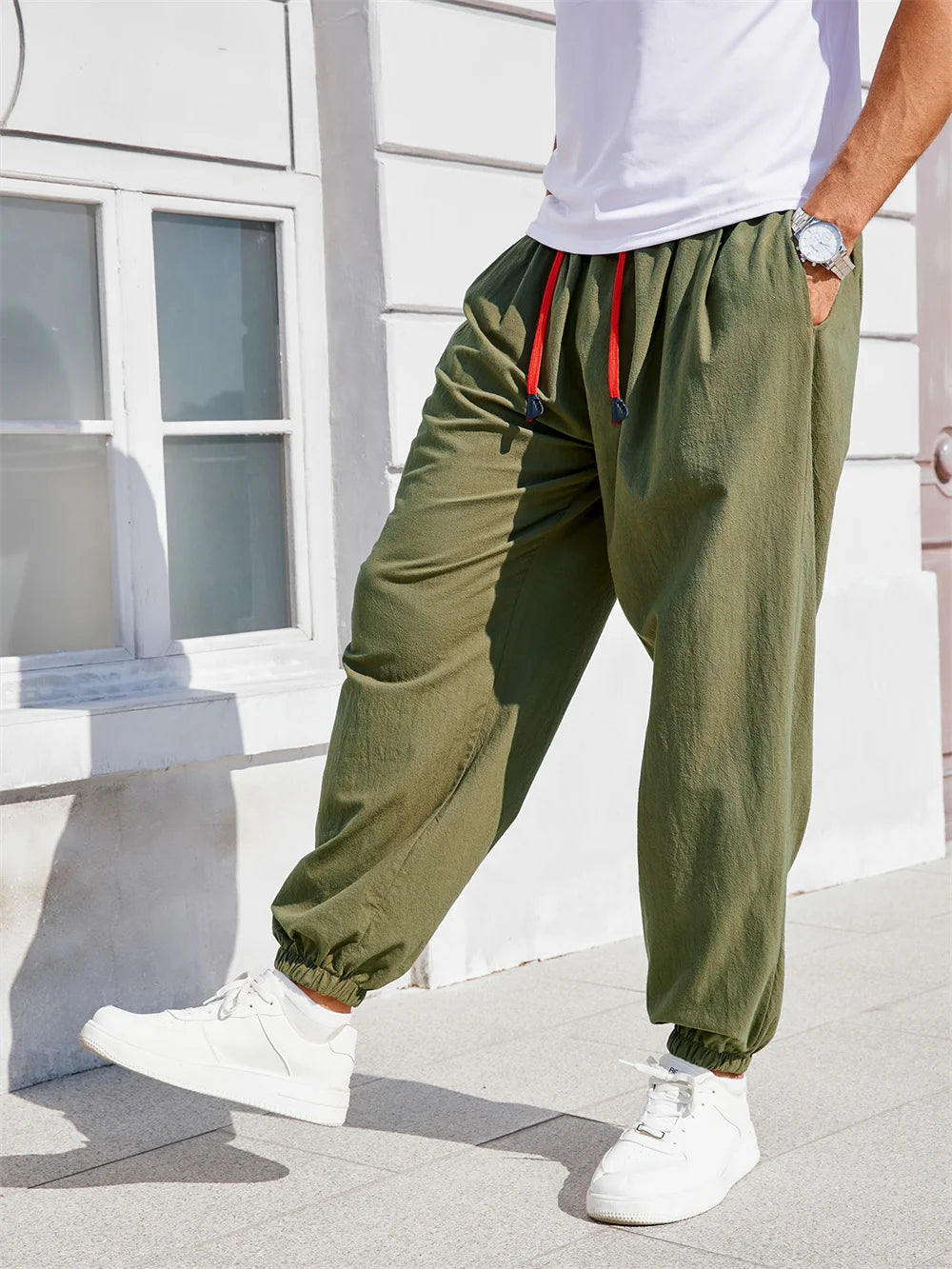 Men's Pants Loose Fit  Cotton Linen Solid Color Cozy Sweatpants Joggers High Quality Male