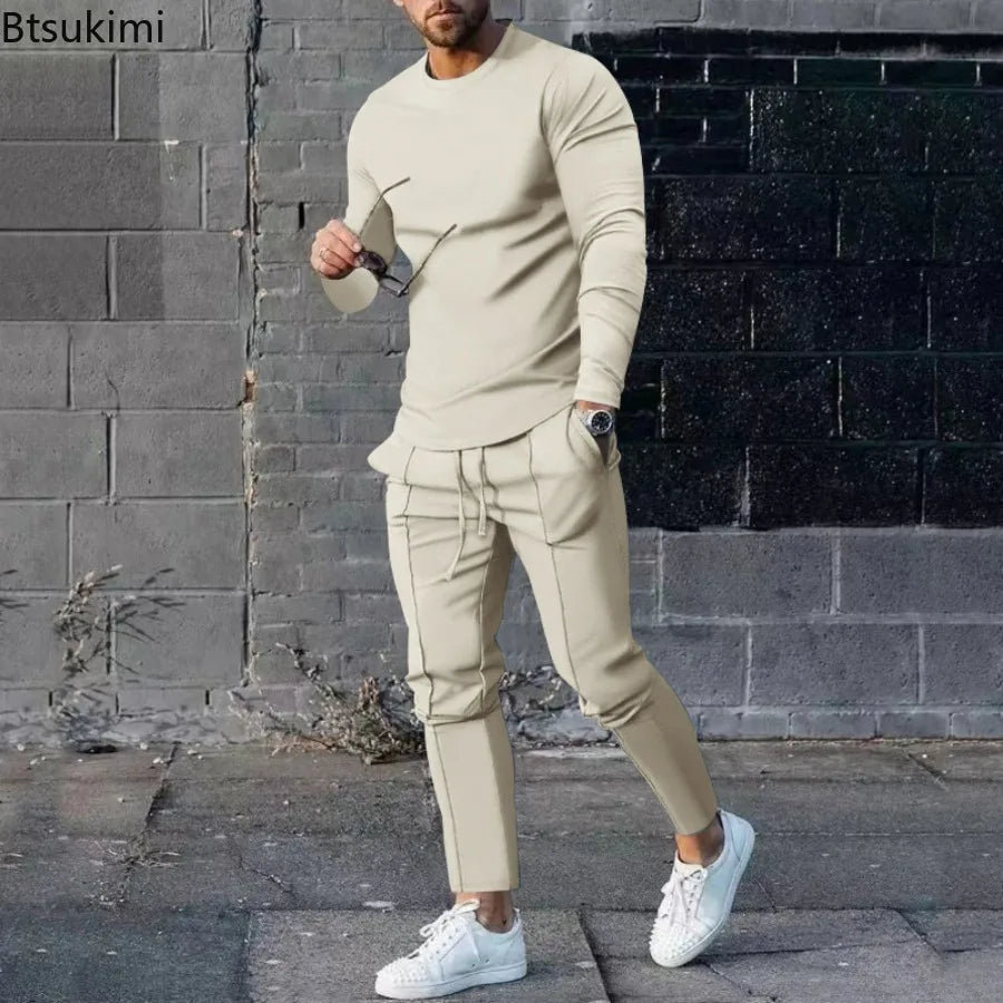 2025 Spring New Men's Casual Sport Two-pieces Fashion Solid Long Sleeve O-neck T-shirt and Sweatpants Suits Men Tracksuit Outfit