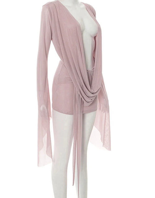 Load image into Gallery viewer, Elegant V-Neck Flare Sleeve Short Dress Pink Sheer Mesh Ruched Detail above Knee Length Sexy Clubwear for Women
