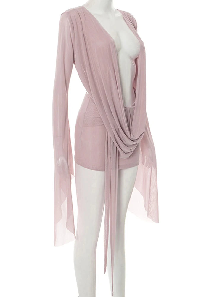 Elegant V-Neck Flare Sleeve Short Dress Pink Sheer Mesh Ruched Detail above Knee Length Sexy Clubwear for Women
