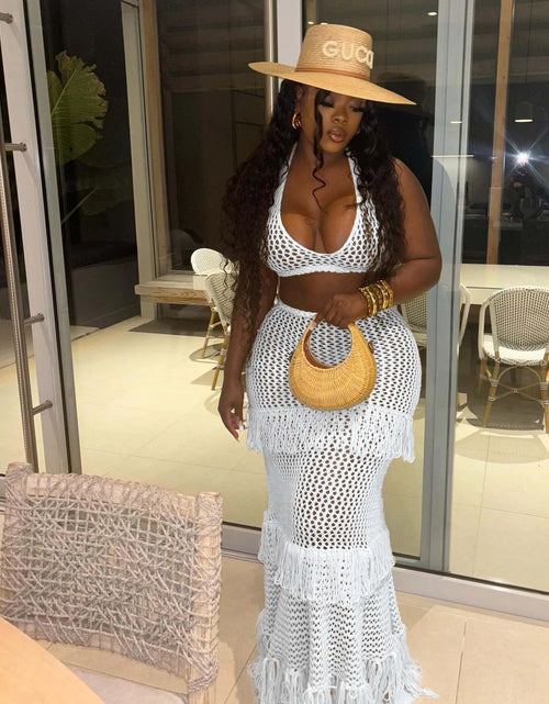 Load image into Gallery viewer, Knitted Crochet 2 Piece Skirt Sets Sexy Ruffle Elegant Fringe Tassel Dress Summer Outfits Crop Top Two Piece Skirt Sets

