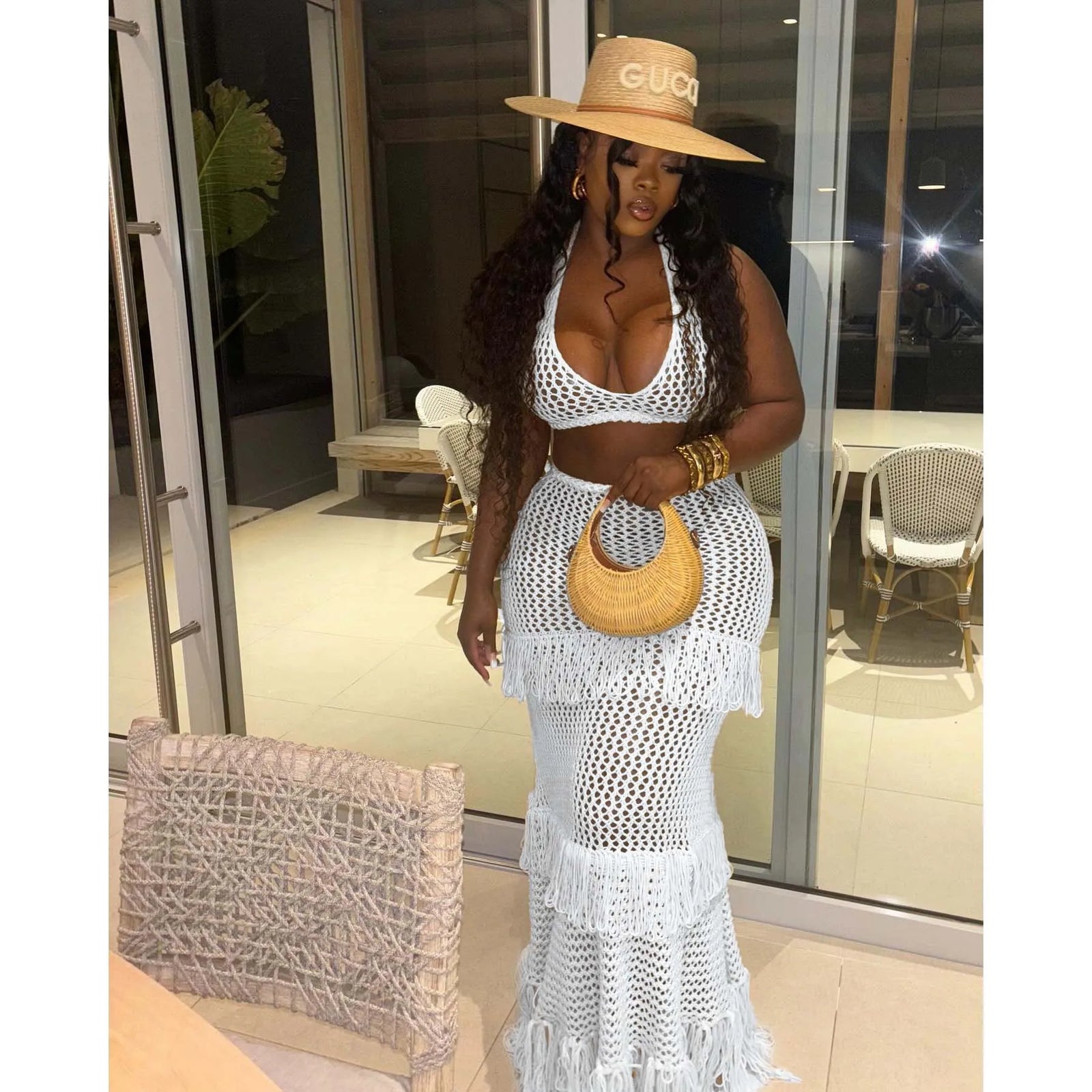 Knitted Crochet 2 Piece Skirt Sets Sexy Ruffle Elegant Fringe Tassel Dress Summer Outfits Crop Top Two Piece Skirt Sets