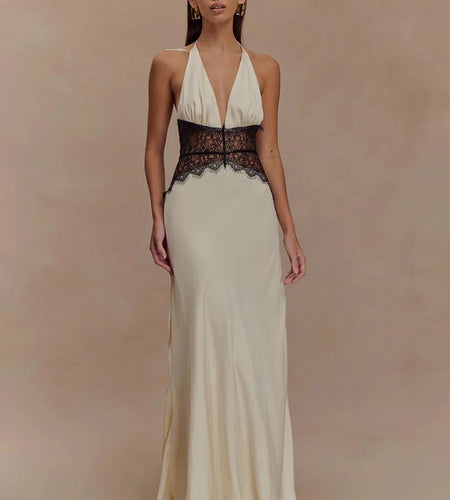 Summer Sexy Maxi Dress Women's Backless Lace Halter Deep V Neck Sleeveless High Waist Elegant Long Gown Floor-Length Polyester