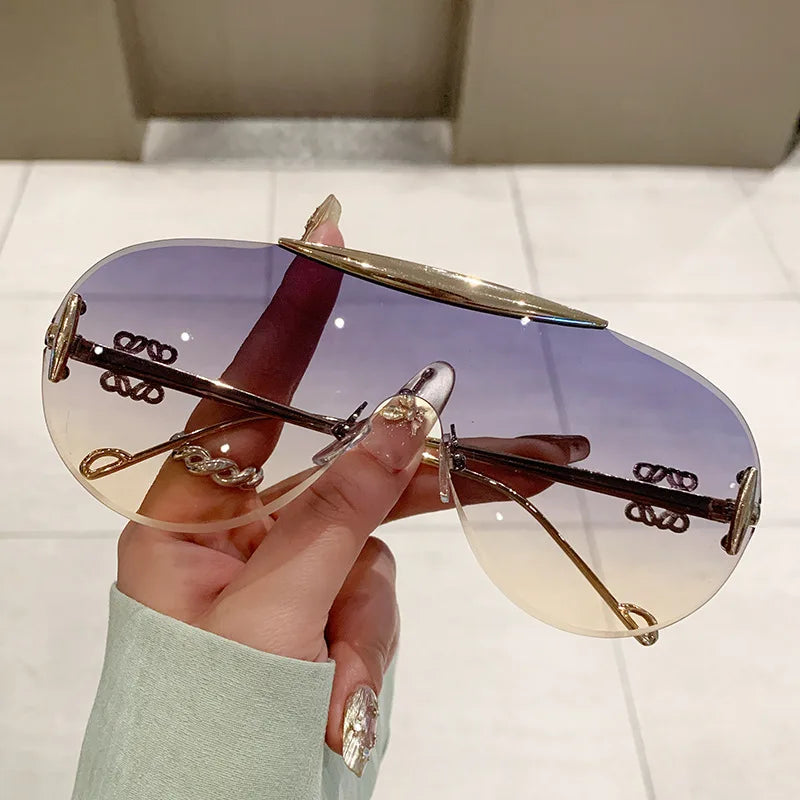 Women's Oversize Rimless One Piece Shield Sunglasses Gradient UV400 Fashion Alloy Frame Casual Shades Y2K Style