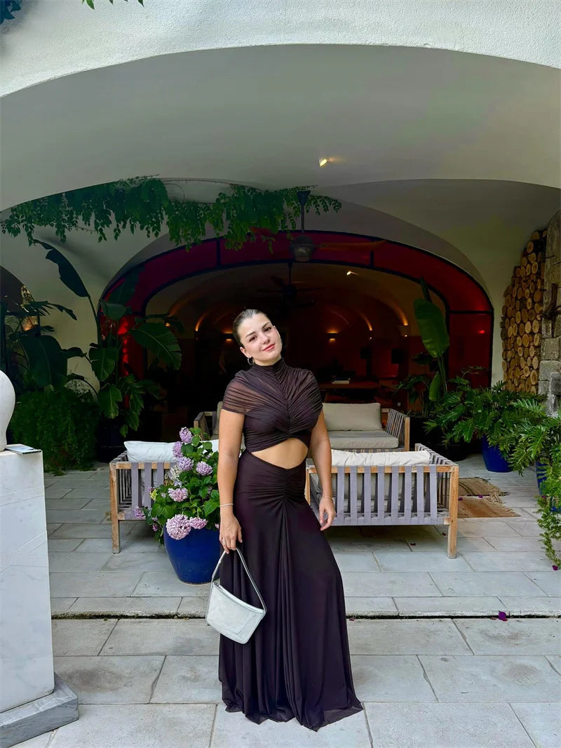 Hollow Out Short Sleeve Sexy Maxi Dress Women Fashion O Neck  High Waist Bodycon Club Party Long Dress