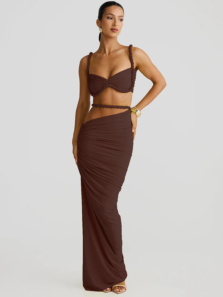 Woven Sexy Women 2 Piece Set Stunning Hot Solid Pleated Crop Camisoles High Waist Maxi Skirt