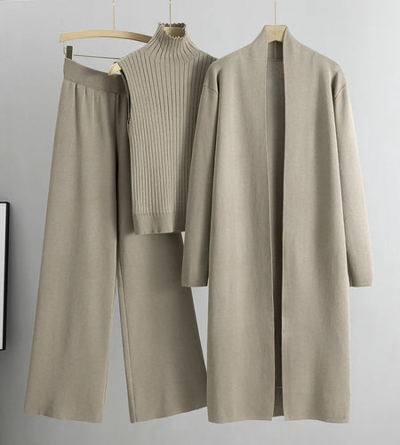 Spring Autumn 3 Piece Women Cardigan Tracksuits Fashion Knitted Pant Set Ladies Sweater Suit Vintage Fashion Ladies 3 Piece Set
