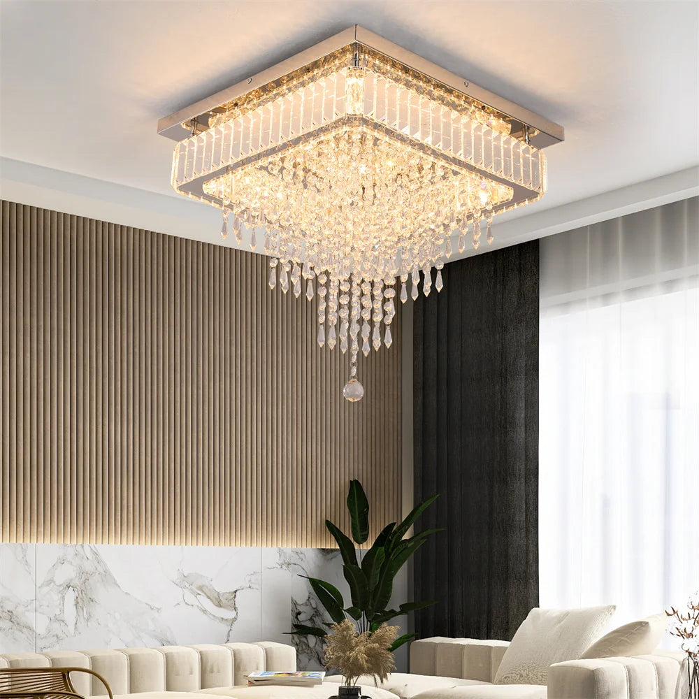 Luxury Crystal Square Bright Led Chandelier Modern Pendant Light Ceiling Lamp Dimmable Flush Mount Bedroom Dinning Living Room