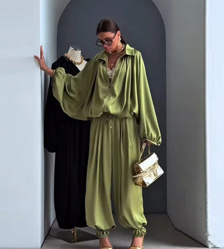 Women's Casual Loose Coats Pants Set Full Sleeve Lapel Zippers Solid Spring Suit High Waist Wide Leg Pants2026