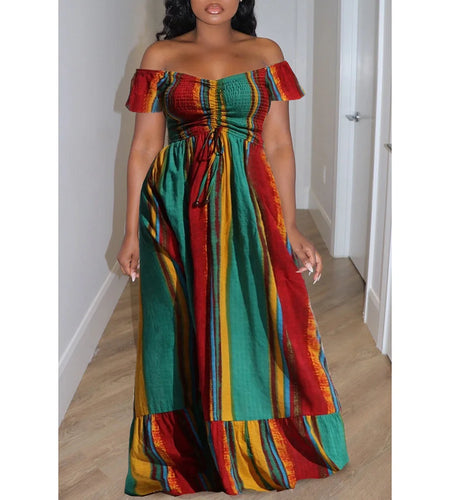 Plus Size Green Casual Off Shoulder Pleated High Waist Maxi Dresses