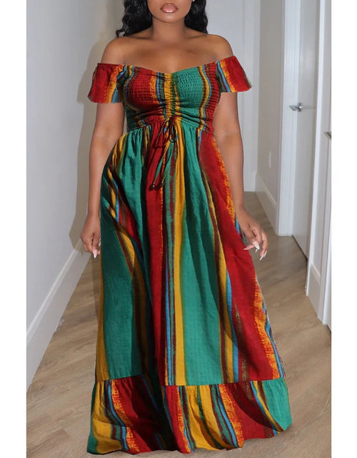 Load image into Gallery viewer, Plus Size Green Casual Off Shoulder Pleated High Waist Maxi Dresses
