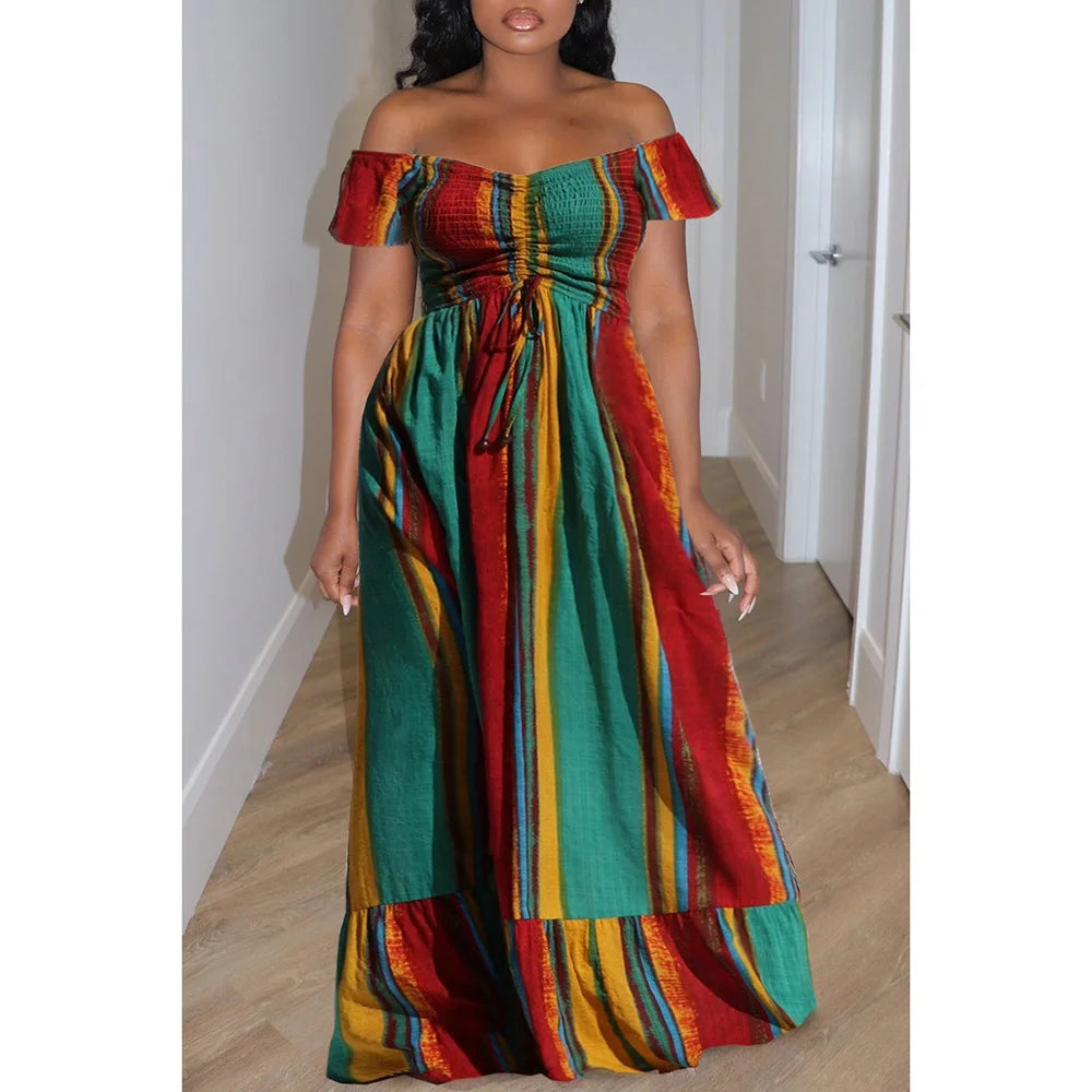 Plus Size Green Casual Off Shoulder Pleated High Waist Maxi Dresses