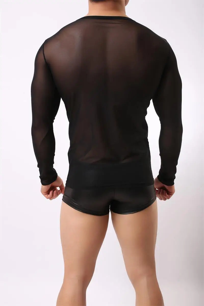 Sexy Unique Transparent T-shirt Men See Through Autumn Long Sleeve Top