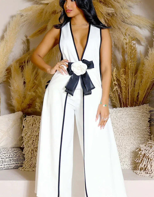 Load image into Gallery viewer, Bow Tie Appliques V-neck Sleeveless Long Top and Wide Leg Pants Matching Sets Women Two Piece Set Elegant Vintage Club Outfits
