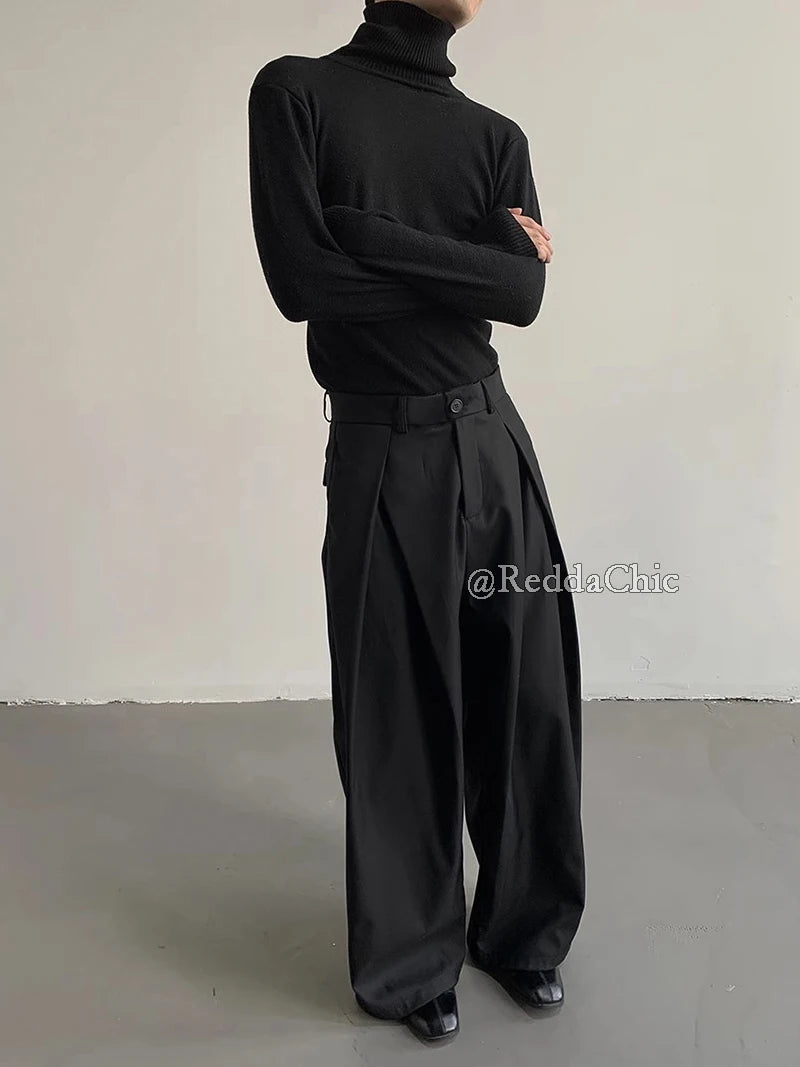 Men's Pleated Front Wide Leg Pants Clean fit Black Solid Low Waist Dressy Trousers
