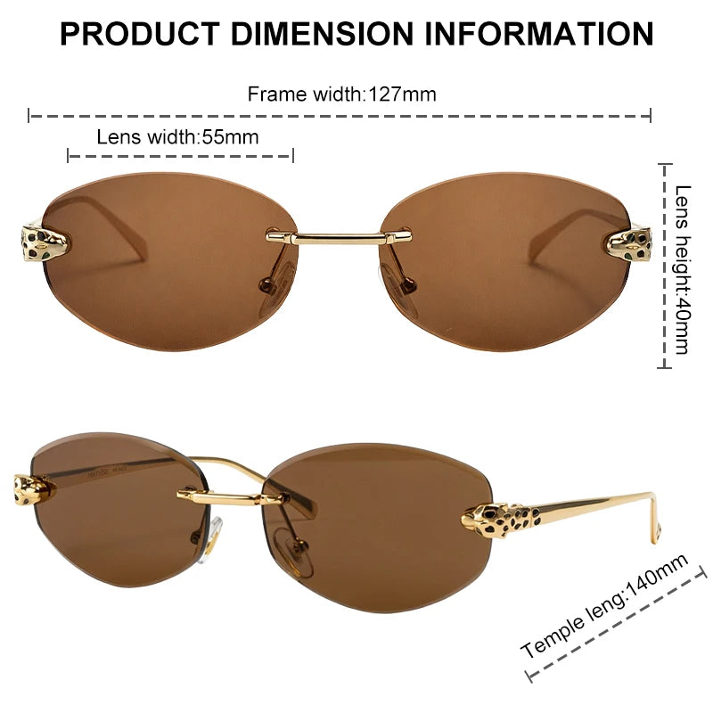 Vintage Rimless Oval Punk Sunglasses for Men Leopard Head Frameless UV400 Gradient Lens Hip Hop Outdoor Shades Luxury Designer Eyewear