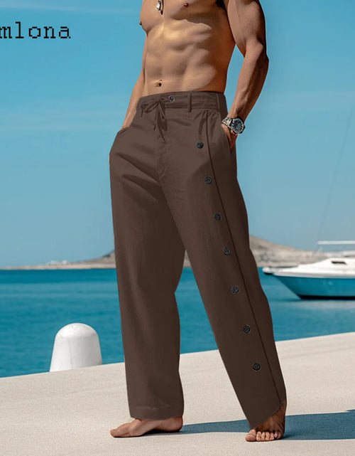 Load image into Gallery viewer, Men&#39;s Elegant Triple Button Cotton Linen Pants Solid Color Full-Length Casual Drawstring Sweatpants

