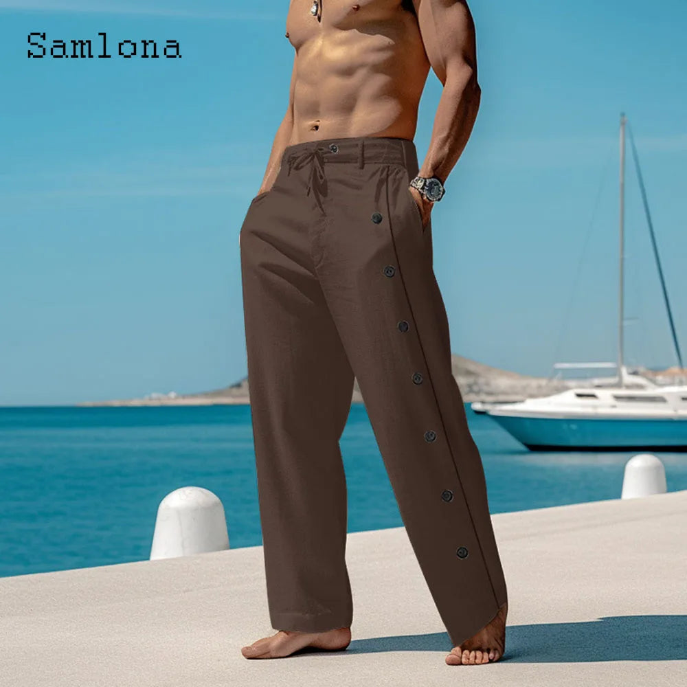 Men's Elegant Triple Button Cotton Linen Pants Solid Color Full-Length Casual Drawstring Sweatpants