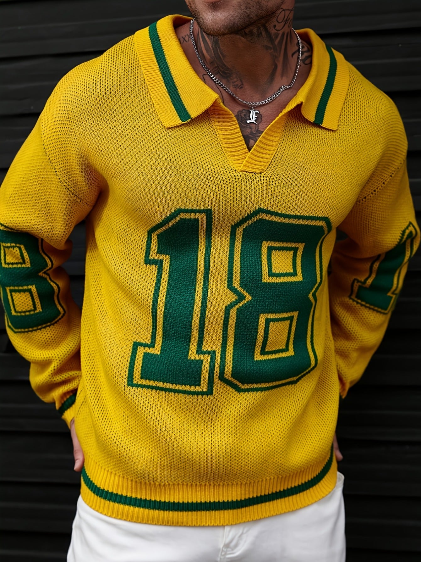 Men Basketball-Inspired Knit Pullover Sweater, Geometric Pattern Long Sleeve Casual sports knit tops, Men's autumn and winter knitted pullover.