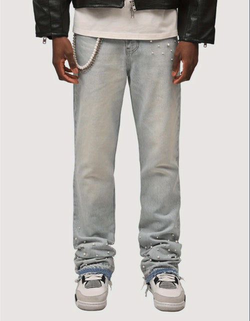 Load image into Gallery viewer, Men Slim-Fit Stretch Denim Jeans with Raw Hem &amp; Metallic Accents -  Light Blue &amp; Black, Comfortable &amp; Stylish for Casual Attire, Versatile Clothing, Trendy Streetwear, Durable Fabric
