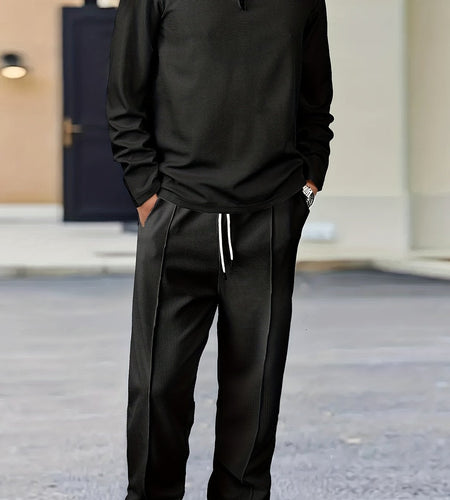Men 2-Piece Solid Color Knitted Set, Comfortable Pullover Sweatshirt & Drawstring Pants for Daily Wear