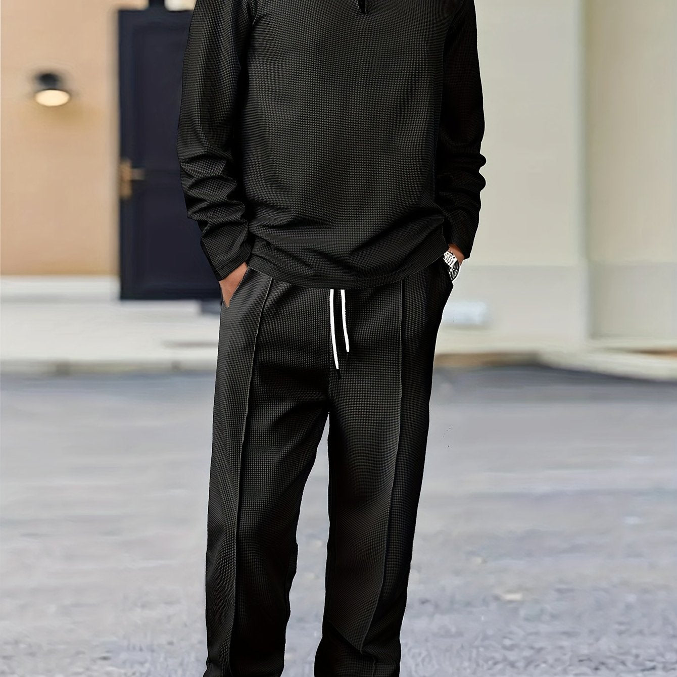 Men 2-Piece Solid Color Knitted Set, Comfortable Pullover Sweatshirt & Drawstring Pants for Daily Wear