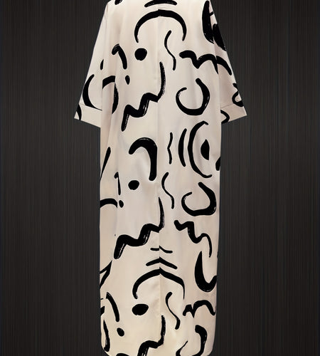 Printed Women Pant Set with V-Neck Loose Seven-Sleeve Long Shirt and Drawstring Pants