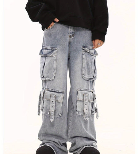 Men Stretchy Fabric Loose-Fit Straight-Leg  Jeans | Multi-Pocket Streetwear Pants with Elastic Waistband, All-Season Versatile Design  Solid Color, Casual Wear Jeans | Street Style Jeans