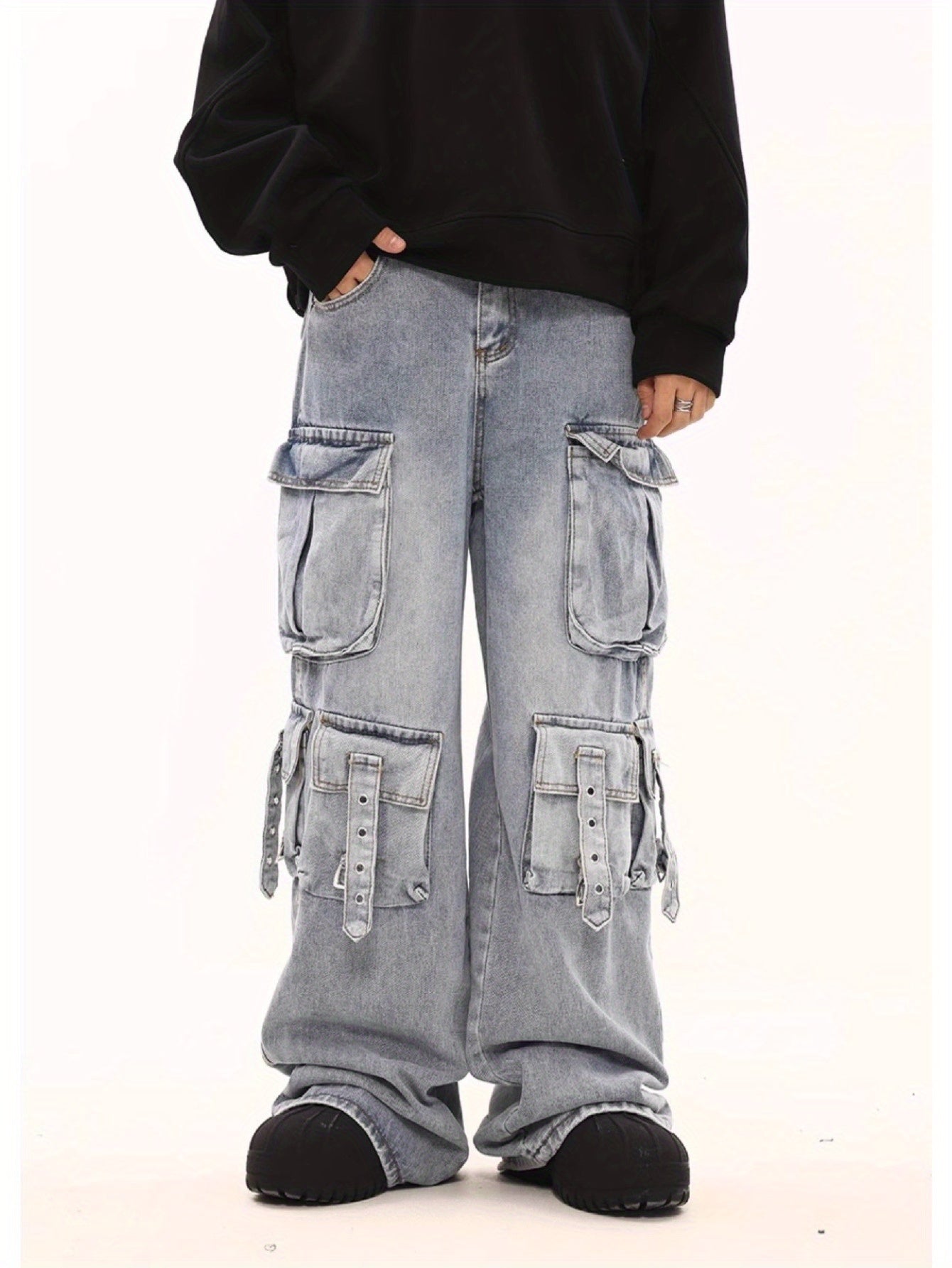 Men Stretchy Fabric Loose-Fit Straight-Leg  Jeans | Multi-Pocket Streetwear Pants with Elastic Waistband, All-Season Versatile Design  Solid Color, Casual Wear Jeans | Street Style Jeans