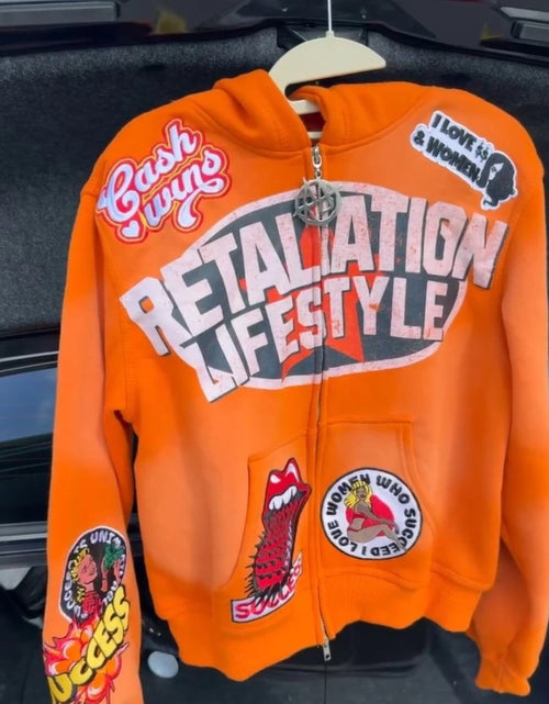 Load image into Gallery viewer, Urban Streetwear Hooded Zipper Hoodie - Vibrant Orange with Black &amp; Red Japanese Anime Manga Graphic Print, Casual Pullover Sweatshirt  Machine Washable
