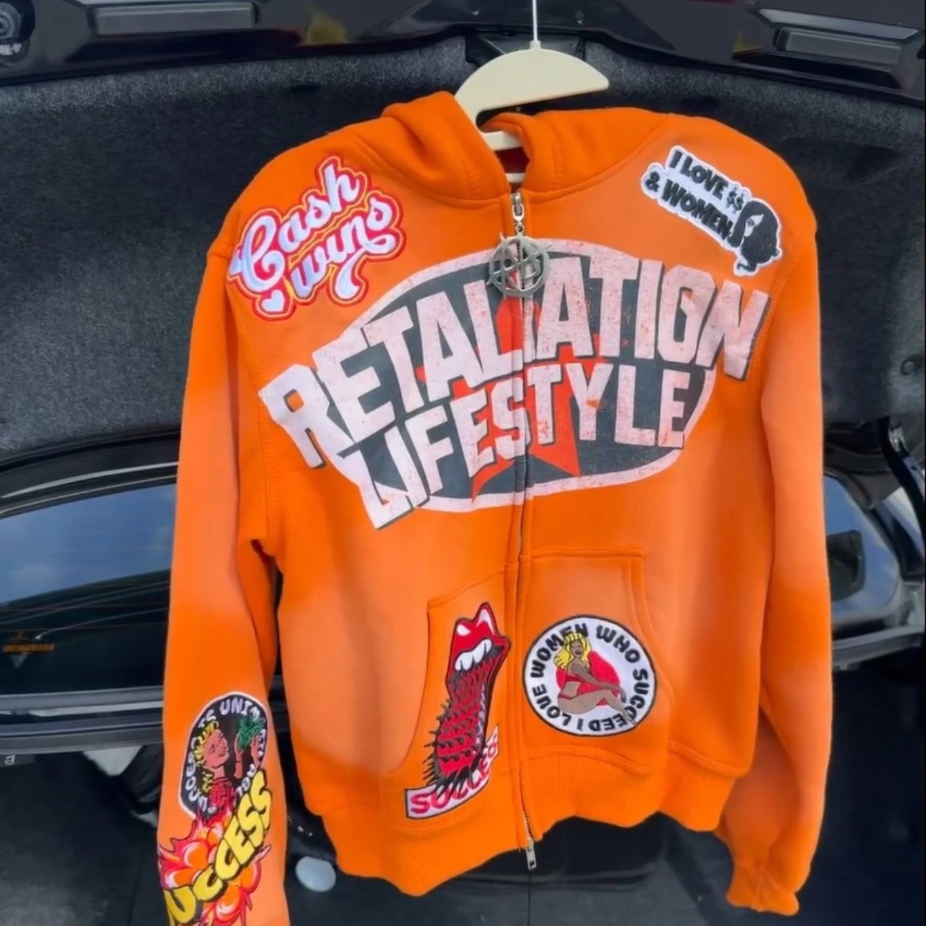 Urban Streetwear Hooded Zipper Hoodie - Vibrant Orange with Black & Red Japanese Anime Manga Graphic Print, Casual Pullover Sweatshirt  Machine Washable