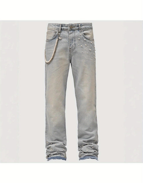 Load image into Gallery viewer, Men Slim-Fit Stretch Denim Jeans with Raw Hem &amp; Metallic Accents -  Light Blue &amp; Black, Comfortable &amp; Stylish for Casual Attire, Versatile Clothing, Trendy Streetwear, Durable Fabric
