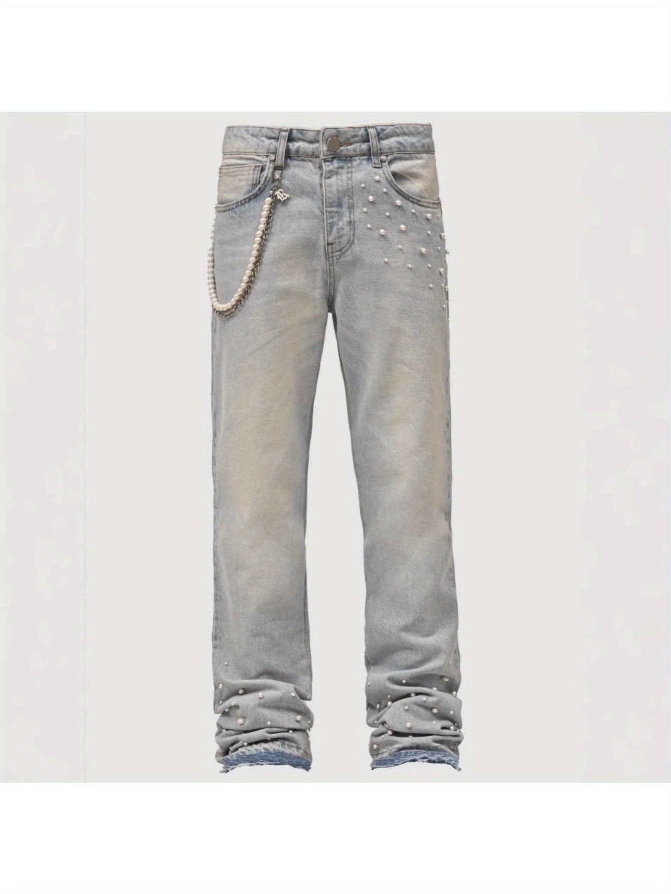 Men Slim-Fit Stretch Denim Jeans with Raw Hem & Metallic Accents -  Light Blue & Black, Comfortable & Stylish for Casual Attire, Versatile Clothing, Trendy Streetwear, Durable Fabric