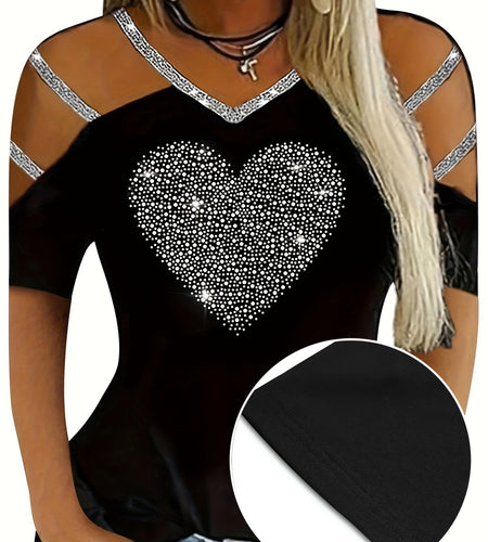 Plus Size Heart Rhinestone Women's Casual V Neck Cold Shoulder T-Shirt