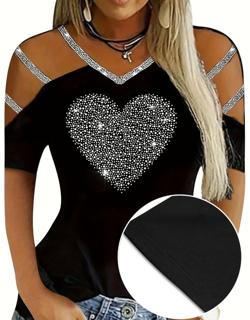 Load image into Gallery viewer, Plus Size Heart Rhinestone Women&#39;s Casual V Neck Cold Shoulder T-Shirt
