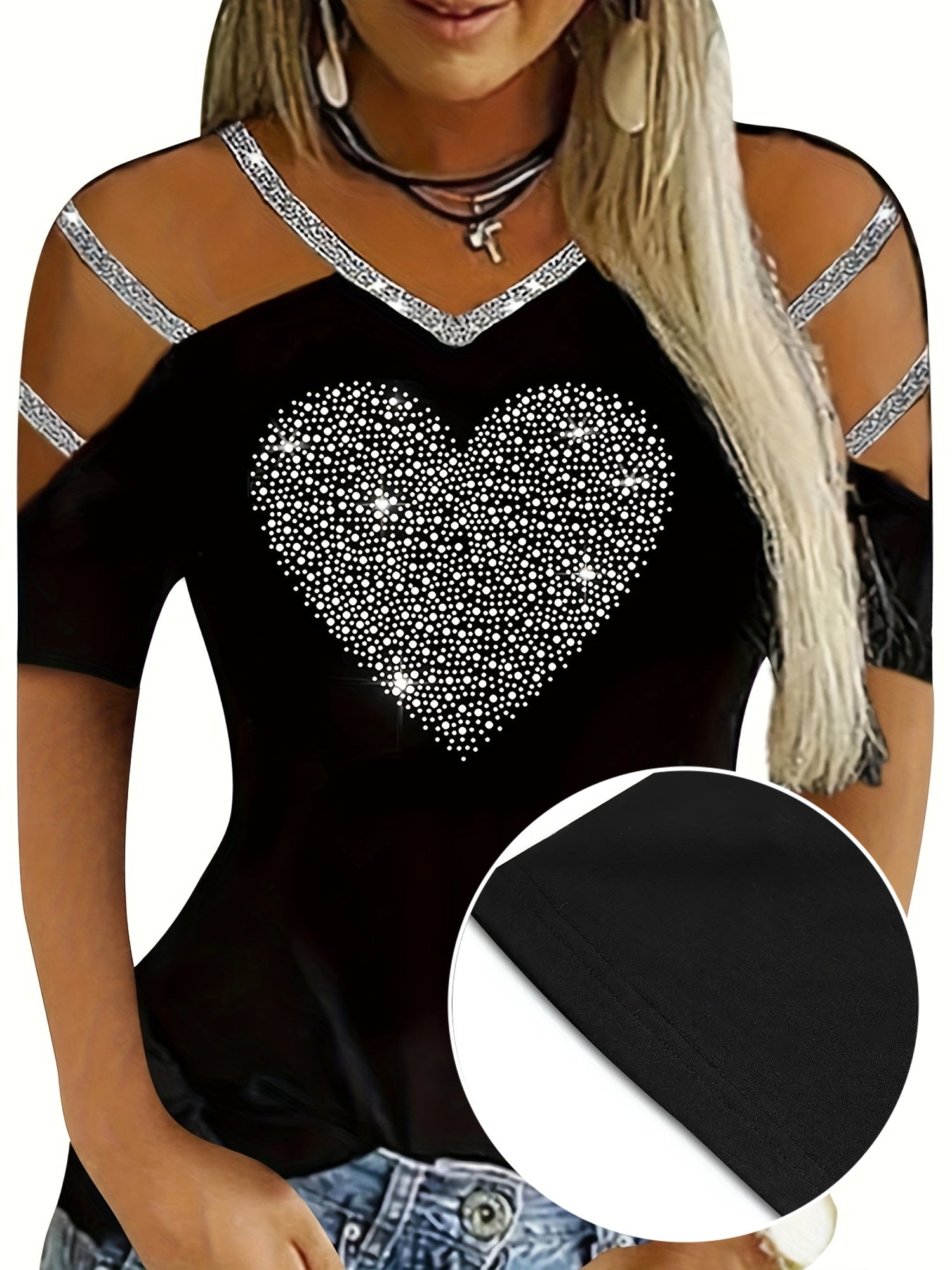 Plus Size Heart Rhinestone Women's Casual V Neck Cold Shoulder T-Shirt