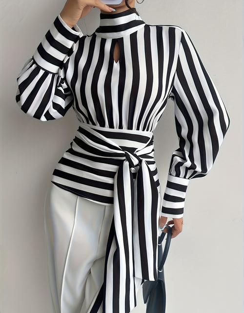 Load image into Gallery viewer, Women Elegant Striped High Neck Lace-Up Blouse with Back Zipper &amp; Adjustable Waist Tie - Black/White/Gray Horizontal Stripes Shirt Jacket-like Top  (Machine Washable)
