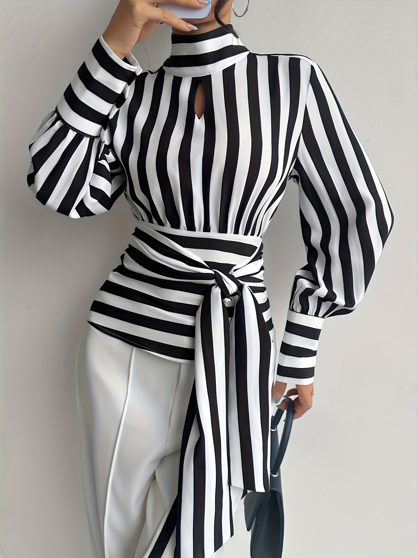 Women Elegant Striped High Neck Lace-Up Blouse with Back Zipper & Adjustable Waist Tie - Black/White/Gray Horizontal Stripes Shirt Jacket-like Top  (Machine Washable)